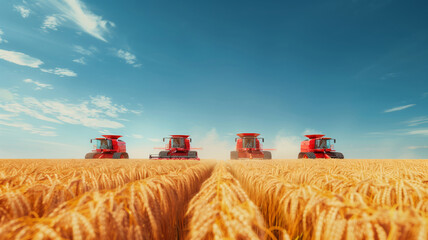 Fototapeta premium The scene of autumn combine harvester harvesting wheat in the wheat field