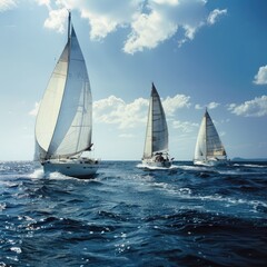 Fototapeta premium Three yachts with white sails navigating the ocean under a bright blue sky during daylight