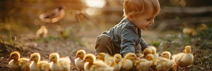 toddler boy caresses and playing with Ducklings in the petting zoo. concept of sustainability, love of nature, respect for the world and love for animals. Ecologic, biologic, vegan, vegetarian.