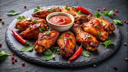 Fototapeta premium Hot and spicy bbq chicken wings with dip and hot sauce on black stone plate, spicy, bbq, chicken wings, dip