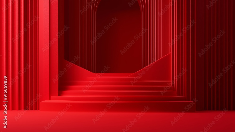 Poster a strikingly minimalistic red architectural interior with stairs and columns in a contemporary desig