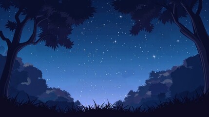 Naklejka premium This image depicts a serene and tranquil night scene with a clear sky full of stars, viewed through the silhouettes of trees in a forest, creating a peaceful ambiance.