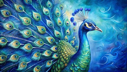 Fototapeta premium Peacock's Eye - Watercolor Painting of a Majestic Peacock with Vibrant Blue Feathers and a Swirling Blue Background - Bird, Feather, Nature, Wildlife, Art, Beauty, Watercolor