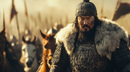 Genghis Khan, the founder of the Mongol Empire, portrayed in an epic fantasy style