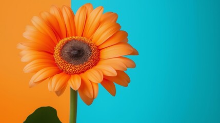 A single orange flower is the main focus of the image. The flower is surrounded by a blue background, which creates a sense of calmness and tranquility