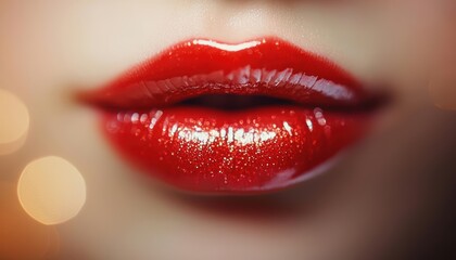 Close up of red glossy lips with glitter