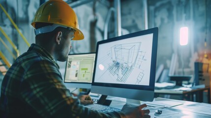 A focused construction professional at his workstation, analyzing blueprints on a computer in a modern, industrial office environment.
