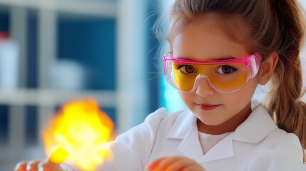 A young girl wearing a lab coat and safety goggles is holding a small flame. Concept of curiosity and scientific exploration, as the girl is likely conducting an experiment or learning about fire