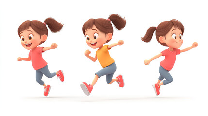 Happy smile laughing jumping playing running cartoon character girl kid child teen person in 3d style design on white background. Human people feelings expression 