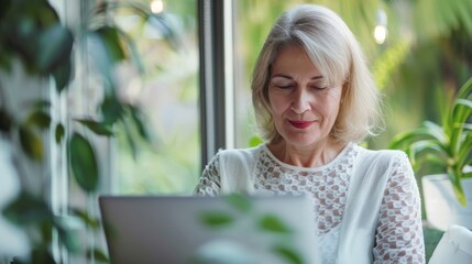 Mature woman working on a laptop in a serene environment surrounded by greenery, exuding focus and tranquility.