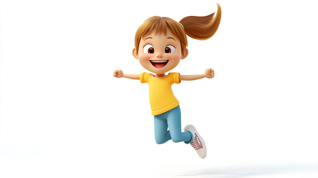 Happy smile laughing jumping playing running cartoon character girl kid child teen person in 3d style design on white background. Human people feelings expression 
