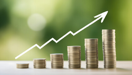 coins with business growth bar graph and arrow.. financial success, profit, business development, positive market trends concept