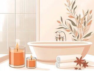 Fototapeta premium A minimalist bathroom featuring lit candles, a sleek bathtub, rolled white towels, and decorative leaves on the wall, creating a calming ambiance.