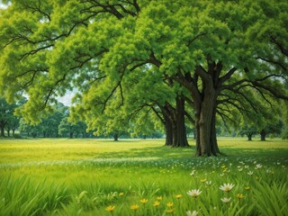 Fototapeta premium This picture shows a landscape of a bright green garden or meadow filled with large trees with dense leaves. The grass has small white and yellow flowers scattered on the ground.