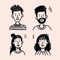 Cute avatar set of four people with thick black line art on a pastel pink background.
