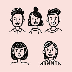 Cute avatar set of four people with thick black line art on a pastel pink background.
