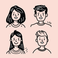 Cute avatar set of four people with thick black line art on a pastel pink background.
