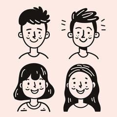 Cute avatar set of four people with thick black line art on a pastel pink background.
