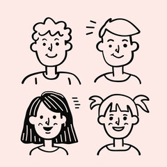 Cute avatar set of four people with thick black line art on a pastel pink background.
