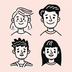 Cute avatar set of four people with thick black line art on a pastel pink background.
