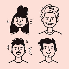 Cute avatar set of four people with thick black line art on a pastel pink background.
