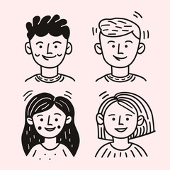 Cute avatar set of four people with thick black line art on a pastel pink background.

