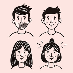 Cute avatar set of four people with thick black line art on a pastel pink background.
