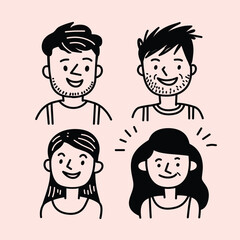 Cute avatar set of four people with thick black line art on a pastel pink background.
