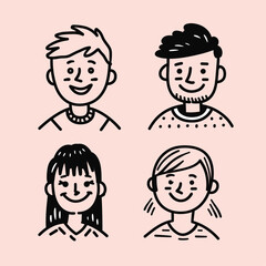 Cute avatar set of four people with thick black line art on a pastel pink background.
