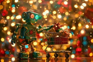 Fototapeta premium Festive Robot Carrying Christmas Presents Amidst Holiday Lights Creating a Whimsical and Futuristic Holiday Scene