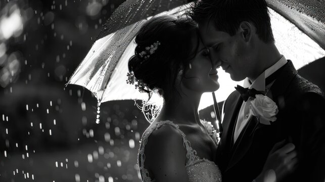 A couple sharing a tender moment under an umbrella in the rain on their wedding day, highlighting love, intimacy, and the beauty of a rainy day celebration.