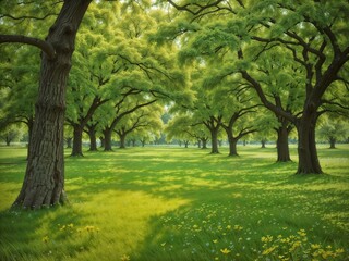 This picture shows a landscape of a bright green garden or meadow filled with large trees with dense leaves. The grass has small white and yellow flowers scattered on the ground.