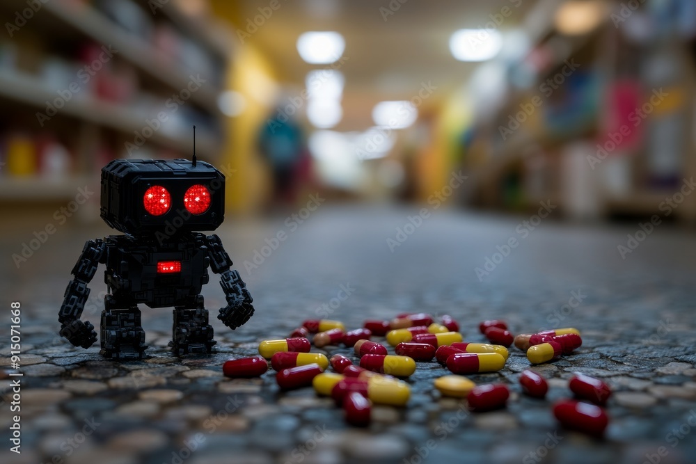 Poster miniature robot on an adventure in a colorful candy world depicting playfulness in robotic explorati
