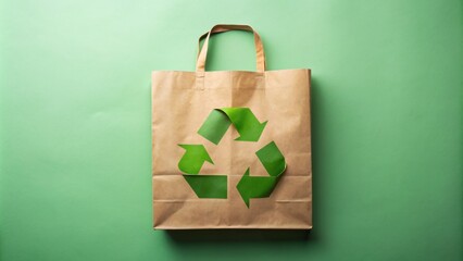 Top View of a Brown Paper Bag with a Green Recycling Symbol on a Green Background - Eco-Friendly Shopping, Sustainable Packaging, Zero Waste, Reduce Reuse Recycle, Go Green