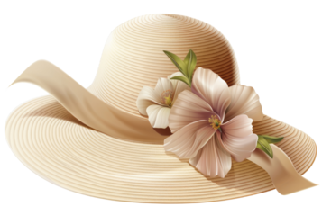 A realistic illustration of a hat with a band and flower on a empty background, symbolizing springtime fashion.