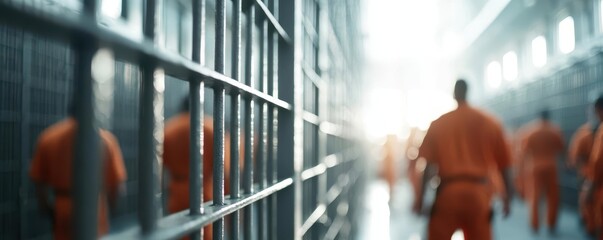Blurred view of prisoners in orange jumpsuits walking through a prison corridor.