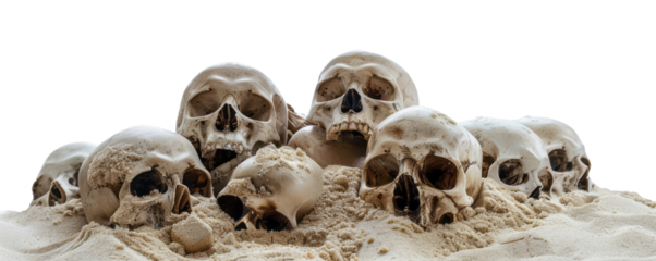 A pile of skulls on the beach with no shadows on a empty background in a PNG format.