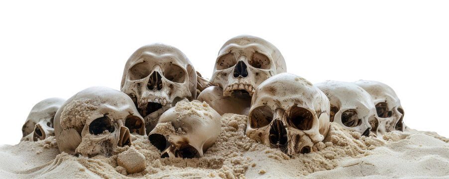 A pile of skulls on the beach with no shadows on a empty background in a PNG format.