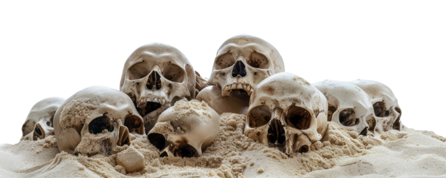 A pile of skulls on the beach with no shadows on a empty background in a PNG format.