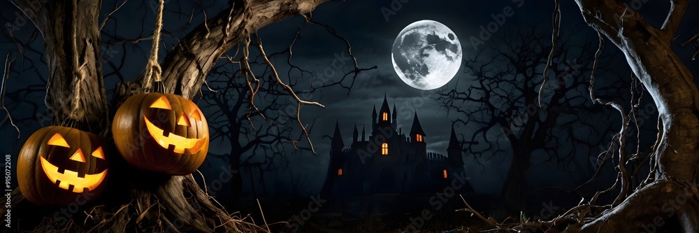 Wall mural two illuminated carved halloween pumpkins on a twisted and dry tree, in the background a dark castle