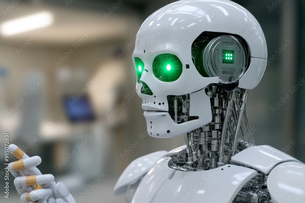 Poster robotic skull symbolizing the integration of technology in addressing mental health issues through m