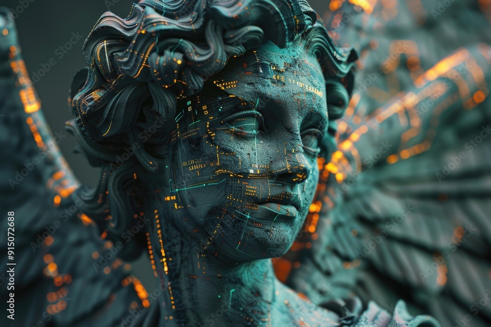 Poster a close-up view of a beautiful statue of an angel, suitable for use in various artistic and decorati