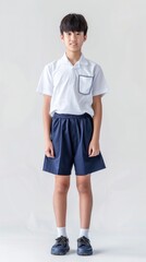 Fototapeta premium Asian male junior high school student, sports shorts with short sleeves, full body.