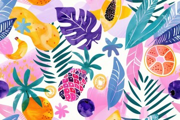 Naklejka premium Colorful Tropical Fruits and Leaves Illustration