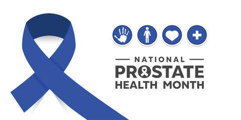 National Prostate Health Month. Ribbon, hand, people, heart and plus icon. Suitable for cards, banners, posters, social media and more. White background.