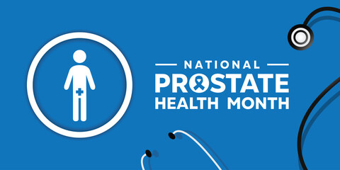 National Prostate Health Month. People, stethoscope and plus icon. Suitable for cards, banners, posters, social media and more. Blue background.