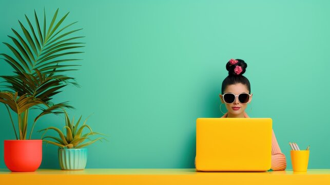 A successful female entrepreneur working on her laptop in a contemporary coworking space, surrounded by plants and modern decor. The image features empty areas ideal for customizing with text.