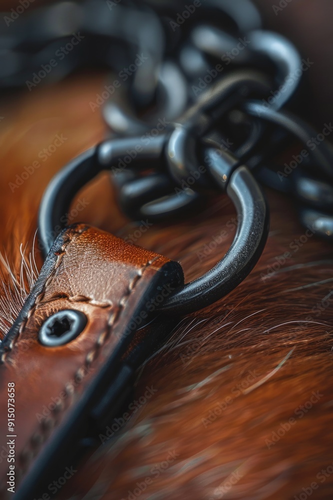 Poster a close-up view of a leather key chain with intricate details