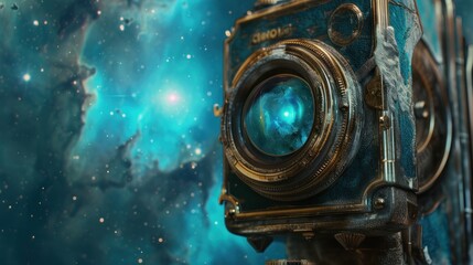 Vintage Camera Lens with Galaxy Reflection.