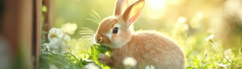 Fototapeta premium Adorable bunny rabbit eating grass in a field.